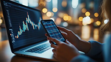 Poster - Analyzing Stock Market Trends on Digital Devices. Hands holding a smartphone showing stock market data, paired with a laptop screen displaying charts, emphasizing investment analysis and planning.