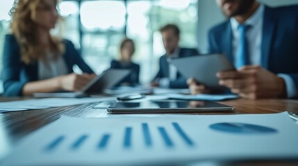 Poster - Business Meeting with Financial Report Discussions. Business meeting setting where professionals review printed financial charts and data, illustrating strategic planning and group analysis.