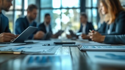 Poster - Business Professionals in Financial Strategy Meeting. Group of business professionals holding a strategy meeting with financial reports and data sheets, discussing growth and analysis.
