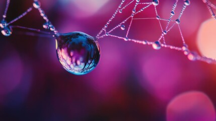 Macro shot of a raindrop on a spider web, iridescent colors, blurred nature background, focus on delicate threads, concept of fragility and beauty