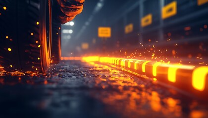 Poster - The image features molten metal flowing along a factory floor, with bright orange hues and sparks, highlighting industrial processes in a modern setting.