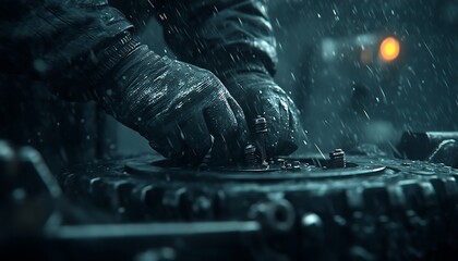 Poster - A close-up of gloved hands working on machinery, surrounded by water droplets, highlighting a dynamic industrial environment.