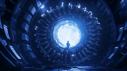 Leinwandbilder - A mysterious figure stands before a circular gateway of glowing blue light, creating an intriguing and futuristic atmosphere.