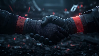 Aufkleber - A close-up of two gloved hands shaking in a dark, futuristic environment, symbolizing partnership and unity amidst a gritty background.