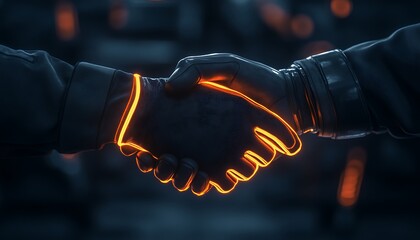 Aufkleber - Futuristic handshake between two glowing-gloved hands, symbolizing collaboration and connection in a high-tech environment.