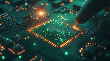 Aufkleber - A close-up image of a computer chip with glowing circuits, showcasing technological advancement and intricate electronic design.