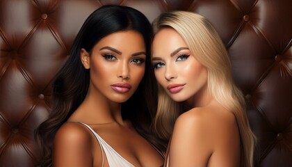 portrait of a blonde and a brunette female model on a brown leather background