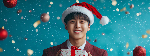 Xmas vibes - holiday season - merry christmas - sexy santa - happy smiling young asian japanese man waiting for Santa Claus. Long horizontal banner. Blue background. 