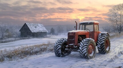 Poster - Red Tractor in a Snowy Landscape with a Barn in the Background