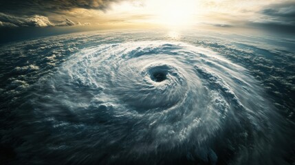 Poster - A large hurricane forms over the ocean, with swirling clouds and a central eye, as sunlight shines through the dark atmosphere. Generative AI