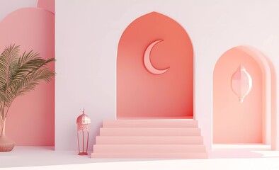 Leinwandbilder - 3D rendering of a cute Ramadan Islamic background with a crescent moon, lantern, and mosque elements on a white background for product display presentation.