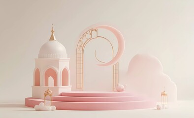 Leinwandbilder - 3D rendering of a cute Ramadan Islamic background with a crescent moon, lantern, and mosque elements on a white background for product display presentation.