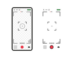 Poster - Application for recording from mobile camera. Smartphone mockup for photo, selfie and video. Camera interface on the phone screen.  Viewfinder, focus, record, grid.  