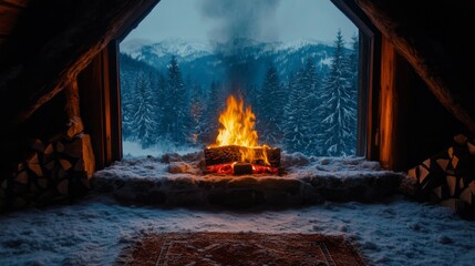 Poster - Cozy Cabin Interior with Fire and Snowy Mountain View