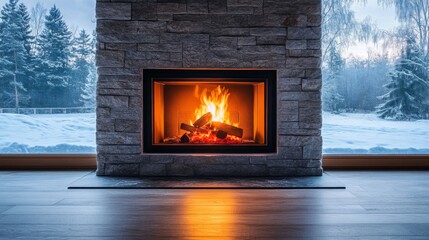 Poster - Fireplace with Burning Logs in a Stone Wall with a Snowy Winter View Outside