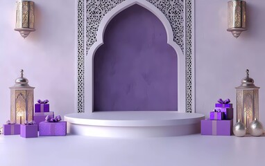 Fototapete - 3D rendering of a white empty podium with a Ramadan Kareem concept background and lantern decoration with gift boxes on the left side.