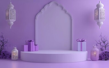 Fototapete - 3D rendering of a white empty podium with a Ramadan Kareem concept background and lantern decoration with gift boxes on the left side.