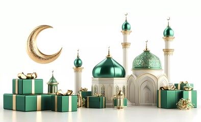 Leinwandbilder - 3D rendering of Ramadan Kareem with crescent moon, lantern, and mosque on a white background 