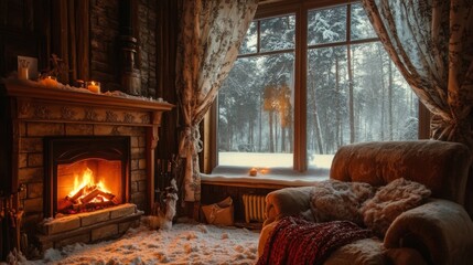 Poster - Cozy Cabin Interior with Fireplace, Snowy Window View, and a Comfortable Chair