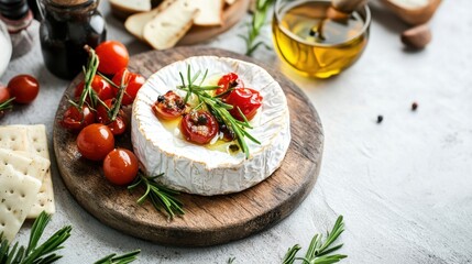 Poster - Piece of aged goat cheese Spanish appetizer on a white table with a gray background top view