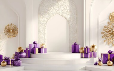 Fototapete - A radiant white background illuminates a simple, elegant podium surrounded by purple and gold gifts for the Muslim holiday of Ramadan Kareem, with an Islamic ornament on the wall behind