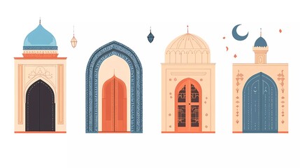 Leinwandbilder - A set of vector illustrations, simple flat style illustrations with minimalism and oriental motifs of Ramadan elements, on a white background