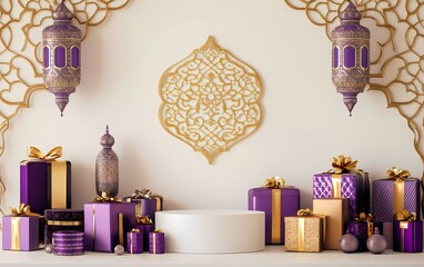 Fototapete - A radiant white background illuminates a simple, elegant podium surrounded by purple and gold gifts for the Muslim holiday of Ramadan Kareem, with an Islamic ornament on the wall behind