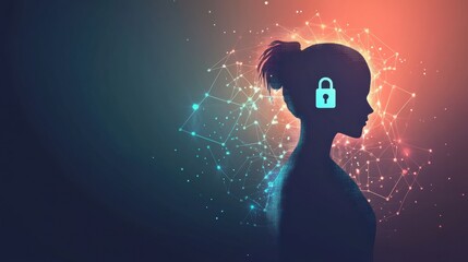 Fototapete - A digital representation showcases a silhouette with a lock symbol, highlighting the importance of privacy protection in artificial intelligence. Generative AI