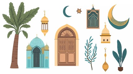 Leinwandbilder - Vector flat illustration of Ramadan Kareem vector set with mosque door, moon, and Arabic ornament decoration on a white background