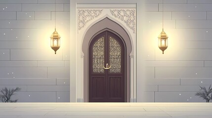 Leinwandbilder - Vector flat illustration of Ramadan Kareem vector set with mosque door, moon, and Arabic ornament decoration on a white background