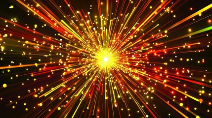 Poster - Colorful explosion representing the expansion of life with interconnected lines, dots, and wave flow, visualizing quantum technology in an abstract graphic design with motion burst