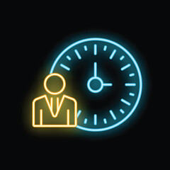 Poster - Neon style icon of a businessman standing next to a clock, symbolizing time management