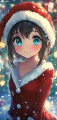 Wall Mural - Anime Girl in Santa Claus Outfit in Winter Wonderland