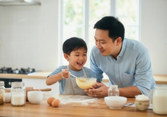 Wall Mural - Father and son making a cake together, mixing ingredients in a bowl, enjoying quality time