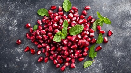 Wall Mural - Pomegranate seeds with fresh mint leaves on a dark background top view