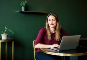 Poster - Businesswoman using laptop, showcasing confidence and productivity in stylish office environment