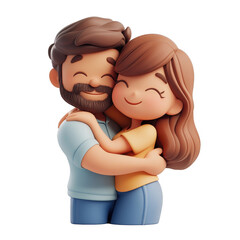3d icon valentine avatar Happy cartoon couple embracing on transparent background