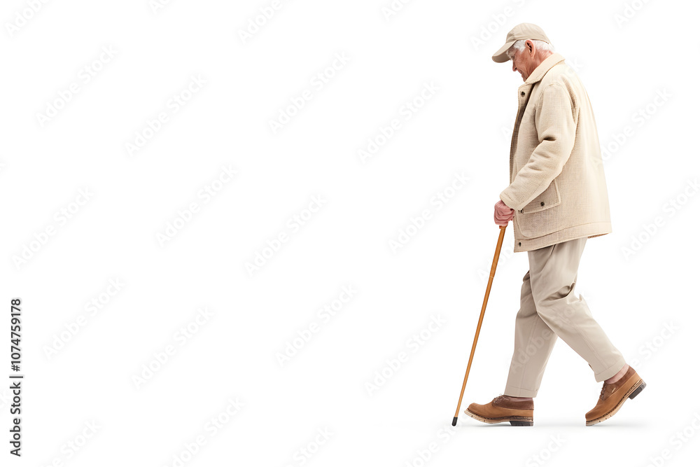 Elderly man walking with a cane side view isolated on white background ...