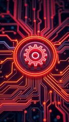 Poster - glowing red gear mechanism on dark circuit board futuristic technology vertical format