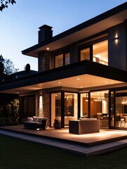 Aufkleber - This contemporary home features glowing alarm system lights on windows and doors, highlighting its sleek design in the night. Generative AI