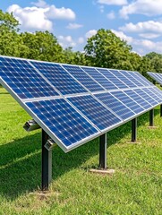 Wall Mural - Bright blue skies with clouds capture sunlight through solar panels.