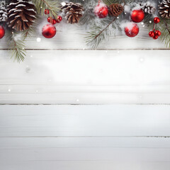 Wall Mural - red christmas balls with spruce branches and pine cones covered with snow and snowfall on white wood