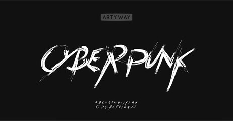 Fototapete - Cyberpunk graffiti alphabet, chaotic brush typeface, edgy wild lettering, expressive urban typography for rebellious punk logo, street intense style headline. Vector typeset.