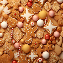 Wall Mural - Abstract background with Christmas gingerbread pieces and cookies on brown background. Horizontal composition.