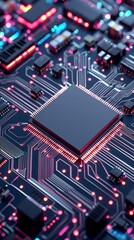 Poster - Circuit board with nano components. UV light with small wavelength. Transistors on a wafer; sci-fi image. Neon purple neon 3D CPU; AI circuitry technology. Singularity of quantum computing.