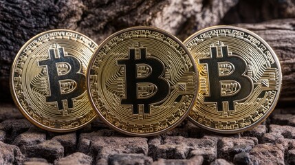 Poster - Bitcoins on Wooden Surface with Natural Textures