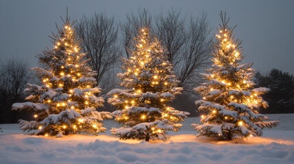 Poster - Three Snow-Covered Christmas Trees with Lights