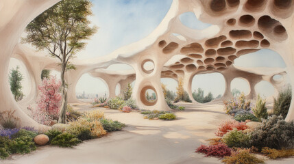 Leinwandbilder - Futuristic organic architecture with lush vegetation and unique geometric forms
