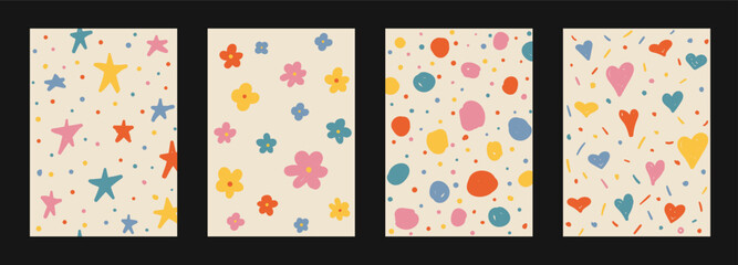 Wall Mural - abstract hand drawn y2k naive trendy patterns set. vector organic colorful doodle shapes backgrounds
