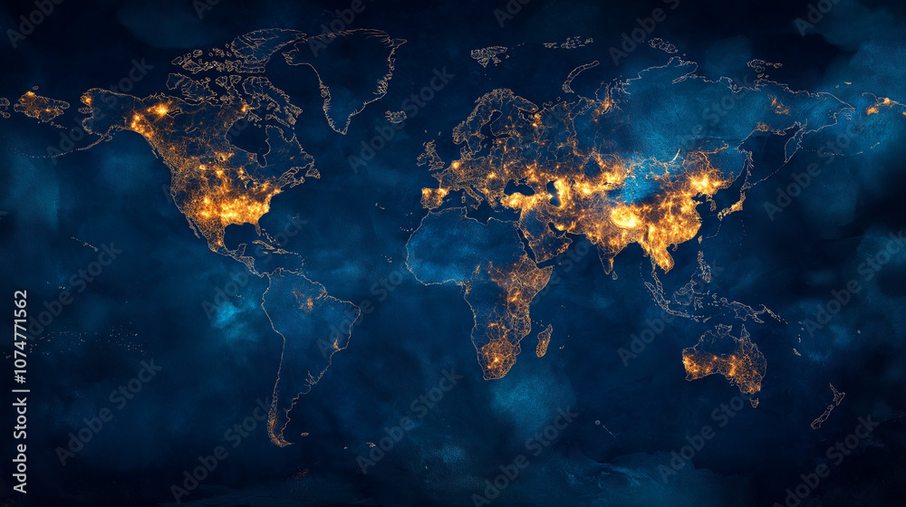 Digital-inspired world map with illuminated golden points and deep blue ...